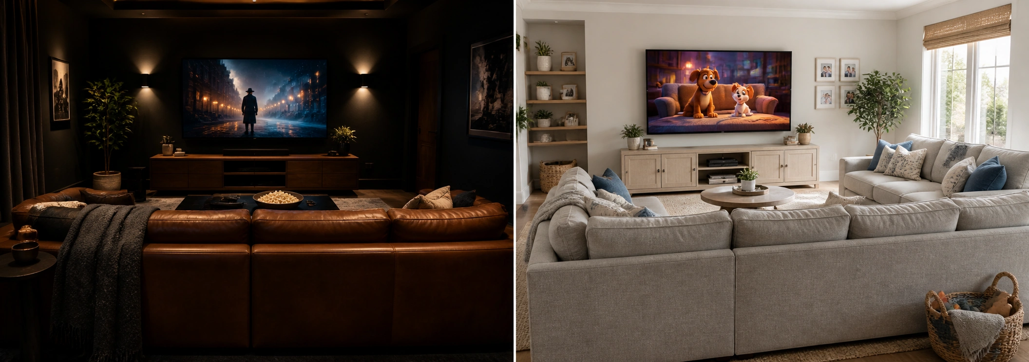 Side by side comparison of leather sofa and fabric sofa in home theater settings