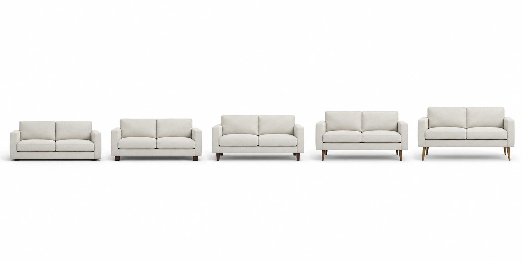 Visual comparison of different sofa leg heights from 3 inches to 8 inches