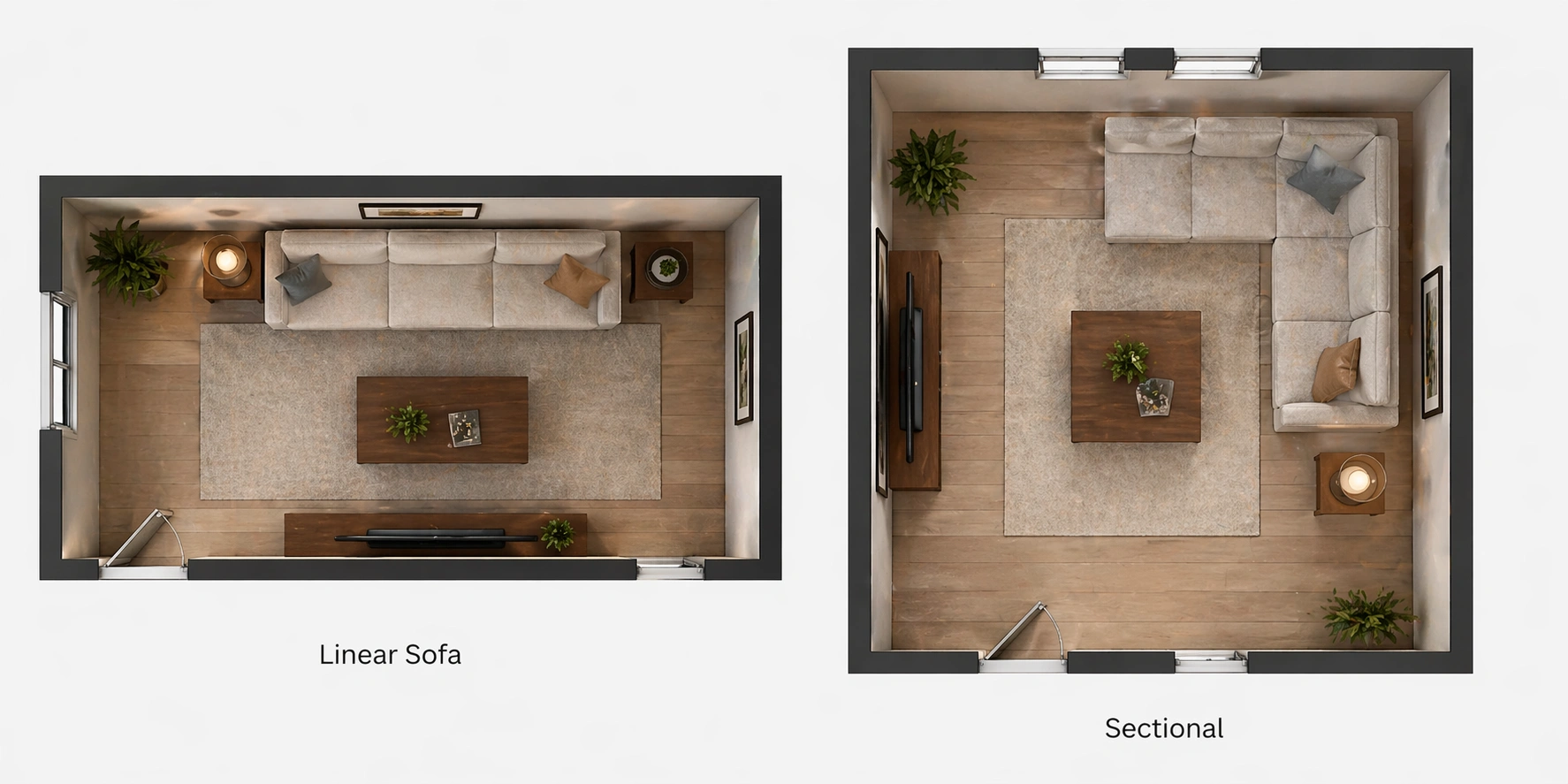 Linear sofa versus sectional in same room showing different space usage