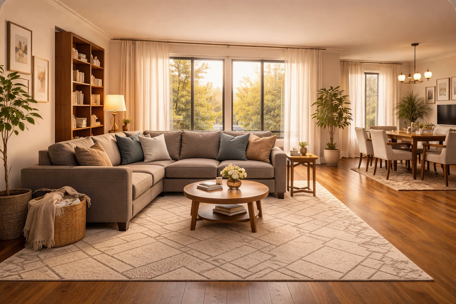 Panoramic view of a beautifully furnished living room with a stylish sofa as the centerpiece