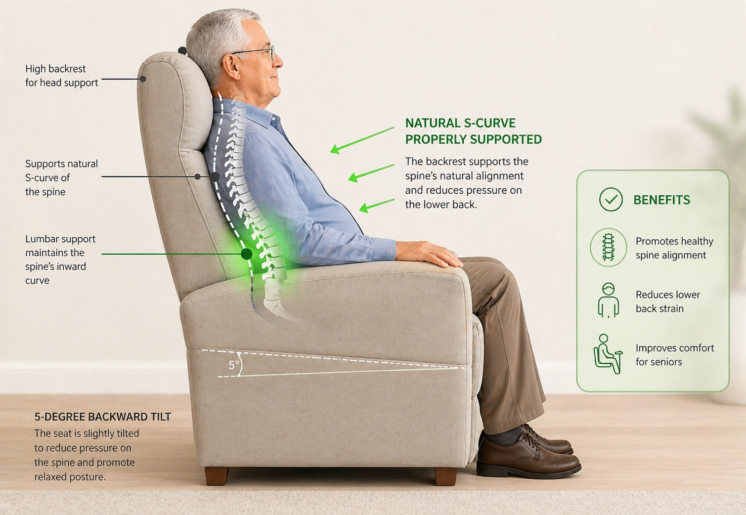 Sofa with proper lumbar support for seniors suffering from back pain