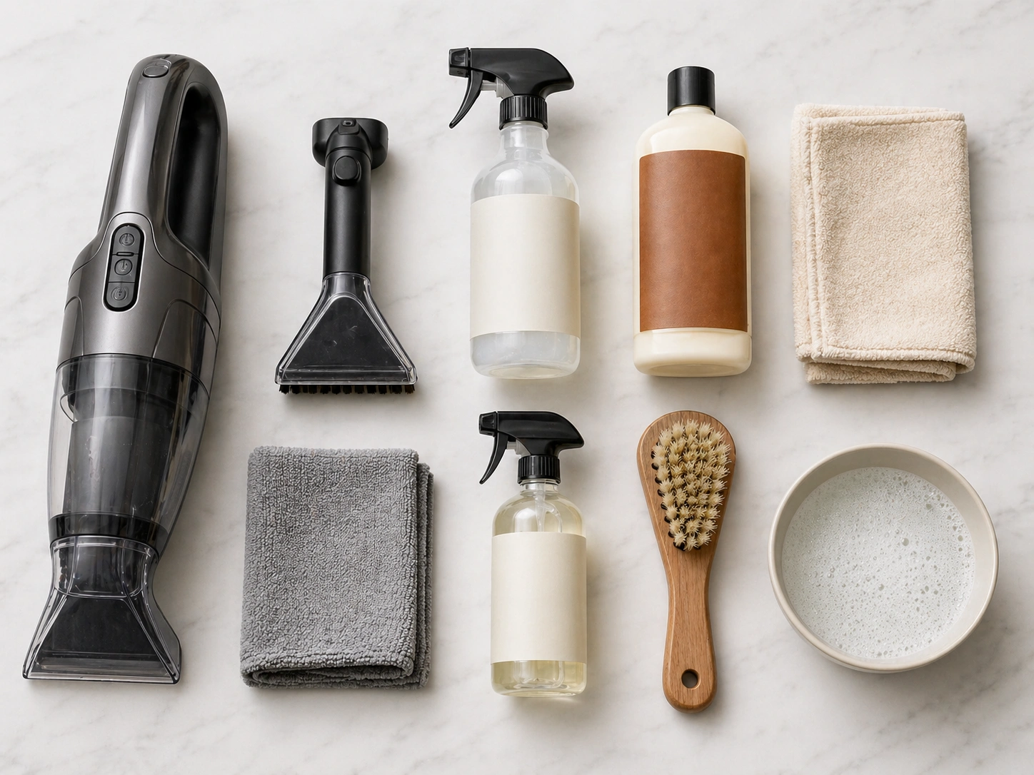 Sofa cleaning supplies including vacuum, fabric cleaner, and leather conditioner
