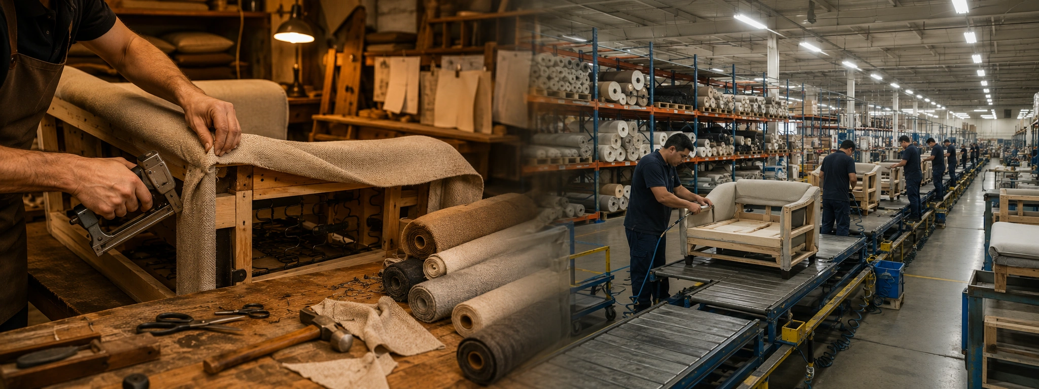 Side by side comparison of handcrafted sofa workshop with artisan versus mass production factory assembly line