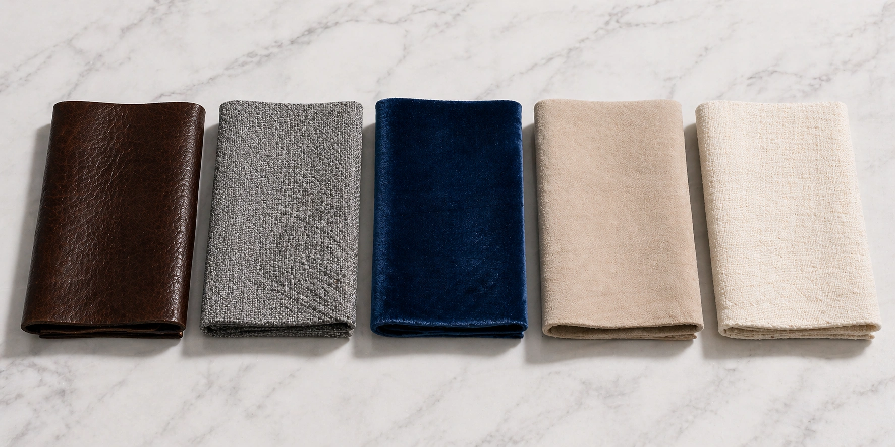 Comparison of sofa upholstery materials including leather fabric velvet microfiber and linen