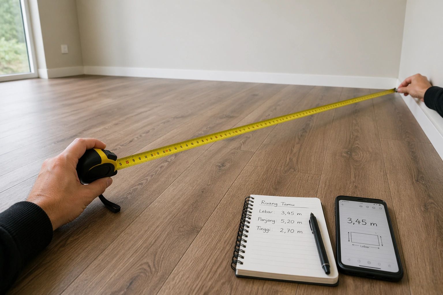 Person measuring room dimensions with tape measure for sofa placement