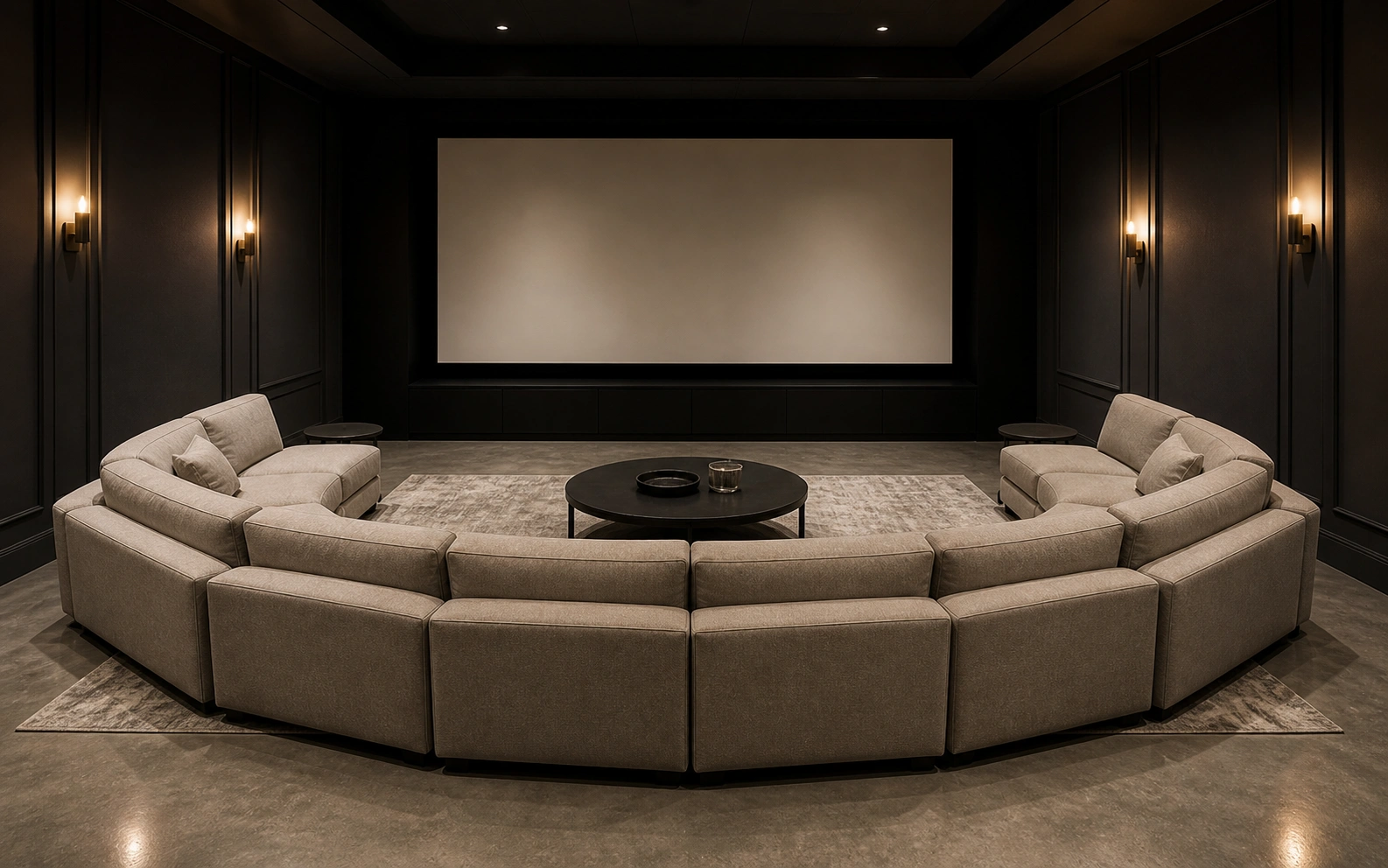 Modular sofa pieces arranged in curved configuration around TV