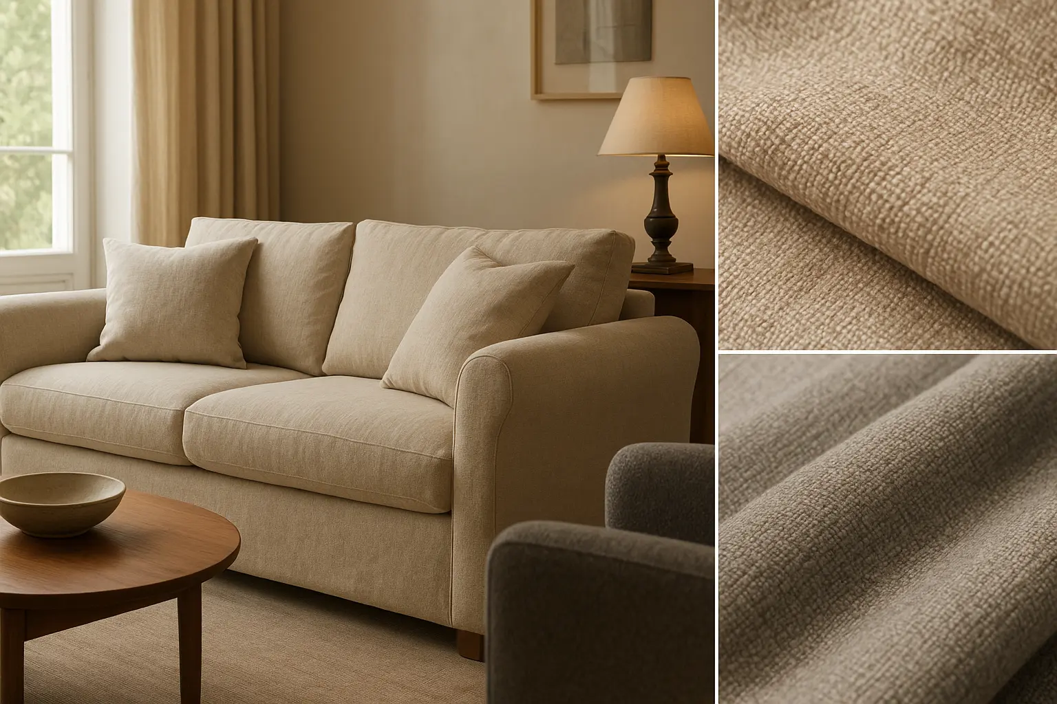 Sofa with natural fabric upholstery like cotton and linen