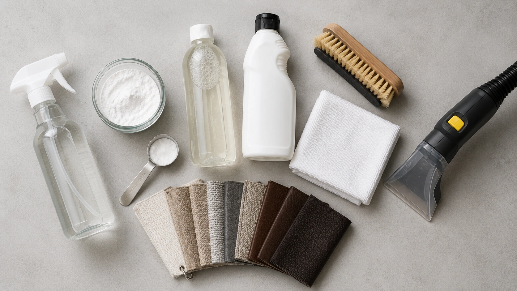Assorted sofa cleaning supplies for different fabric types including spray bottles and brushes