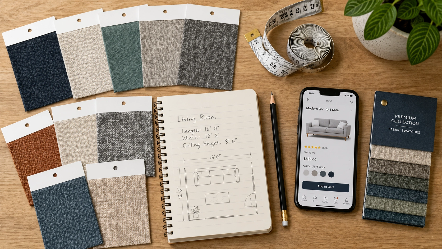 Fabric swatches and measuring tape on a table for online sofa shopping preparation