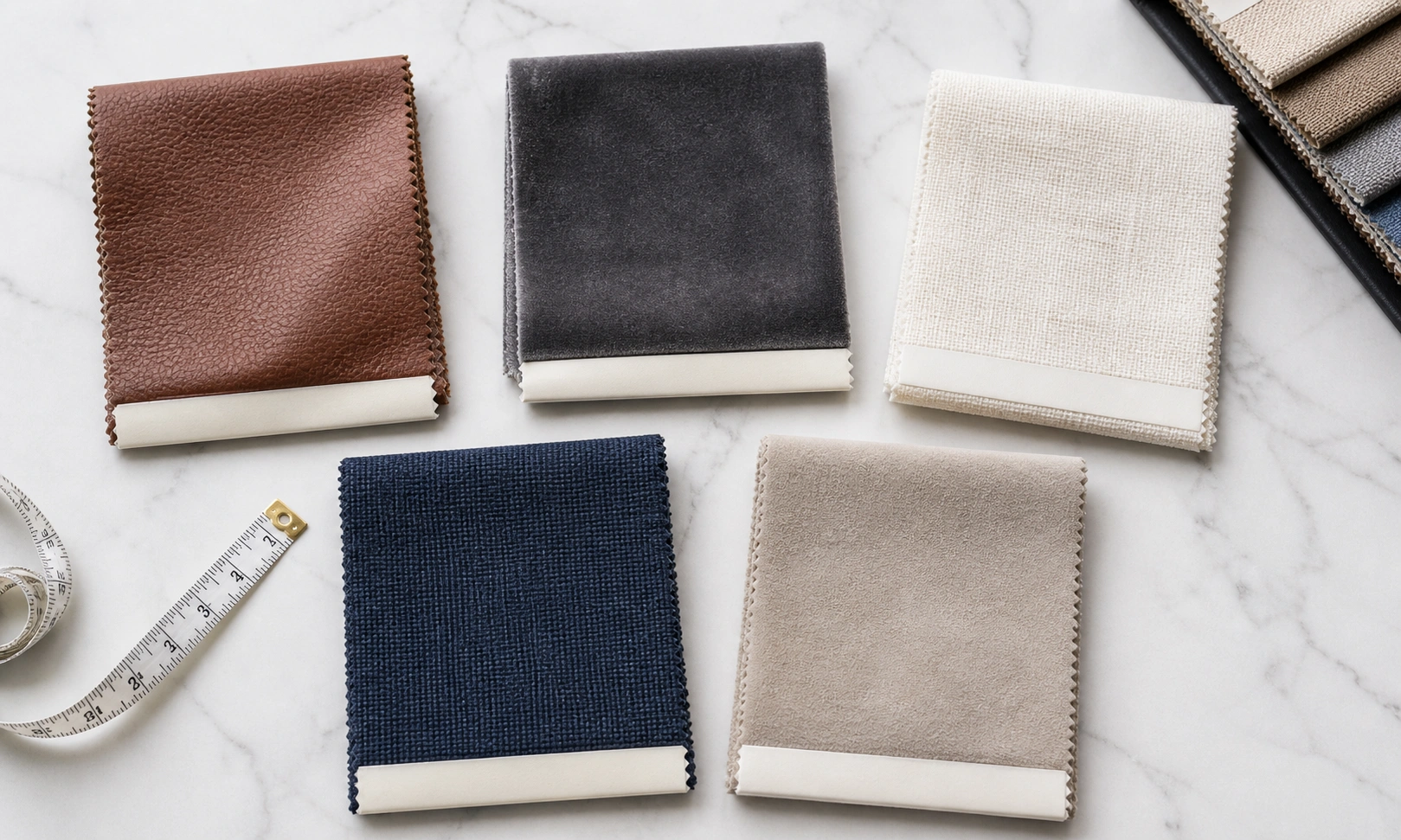 Different upholstery material samples for sofa and ottoman sets including leather fabric and velvet