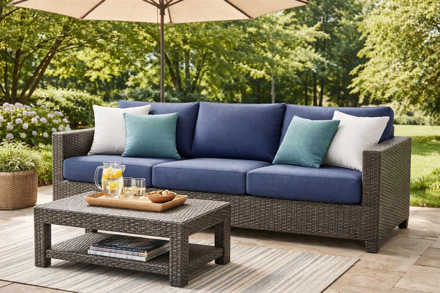 Weather-resistant outdoor sofa on a patio with cushions