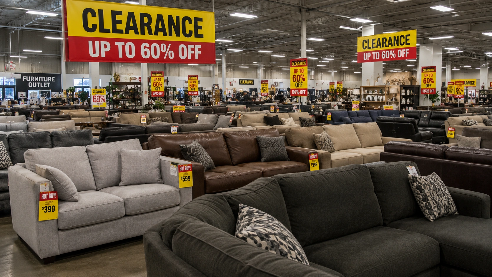 Sofa outlet store with discounted furniture on display
