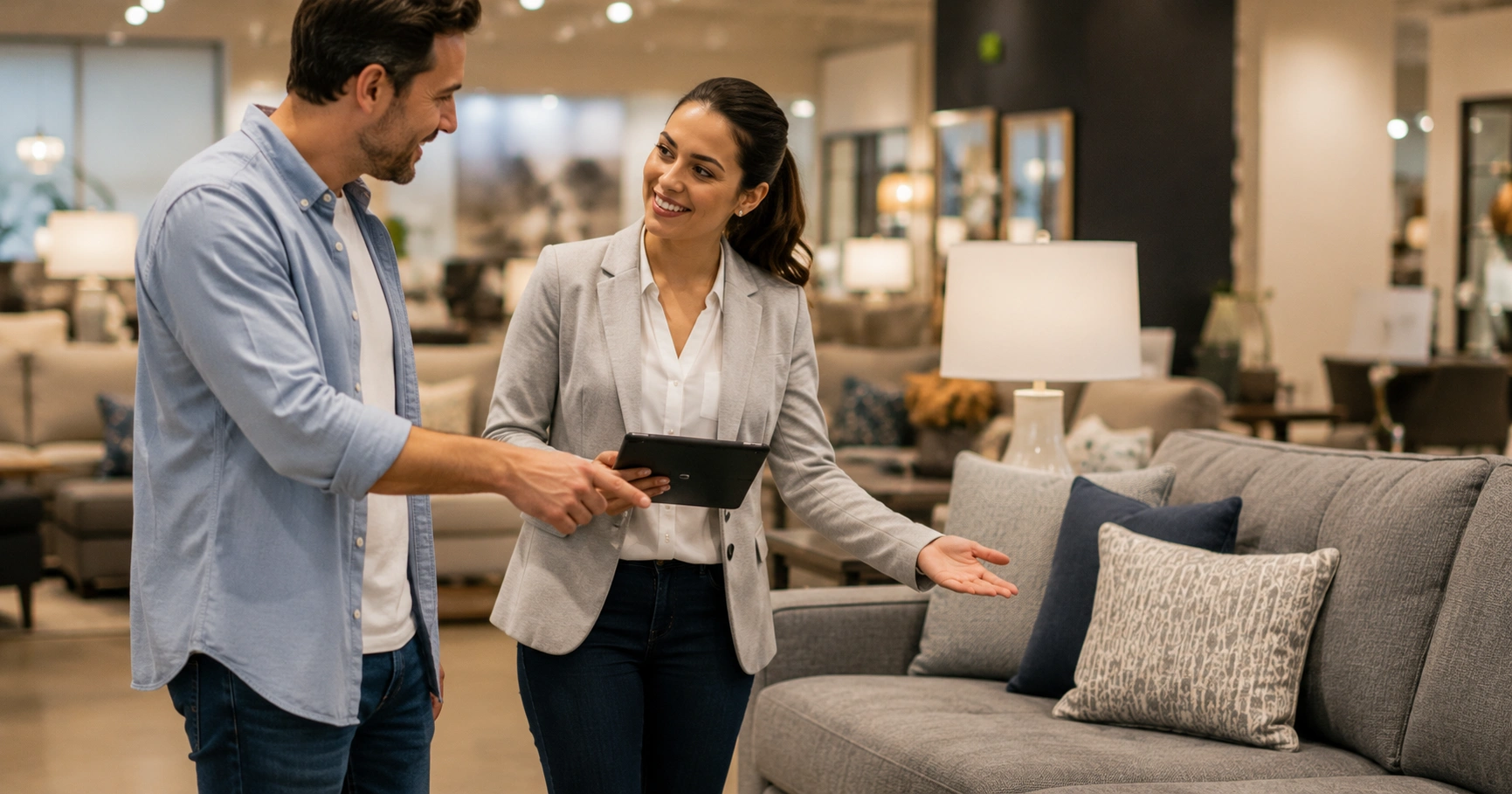 Customer discussing sofa price with a sales associate in a furniture showroom