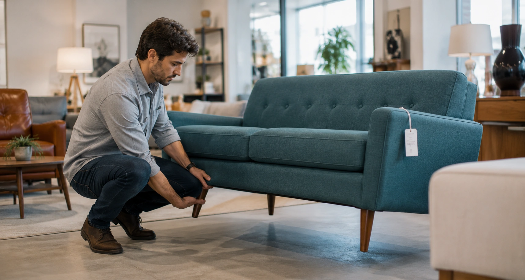 Person inspecting sofa quality at a furniture showroom
