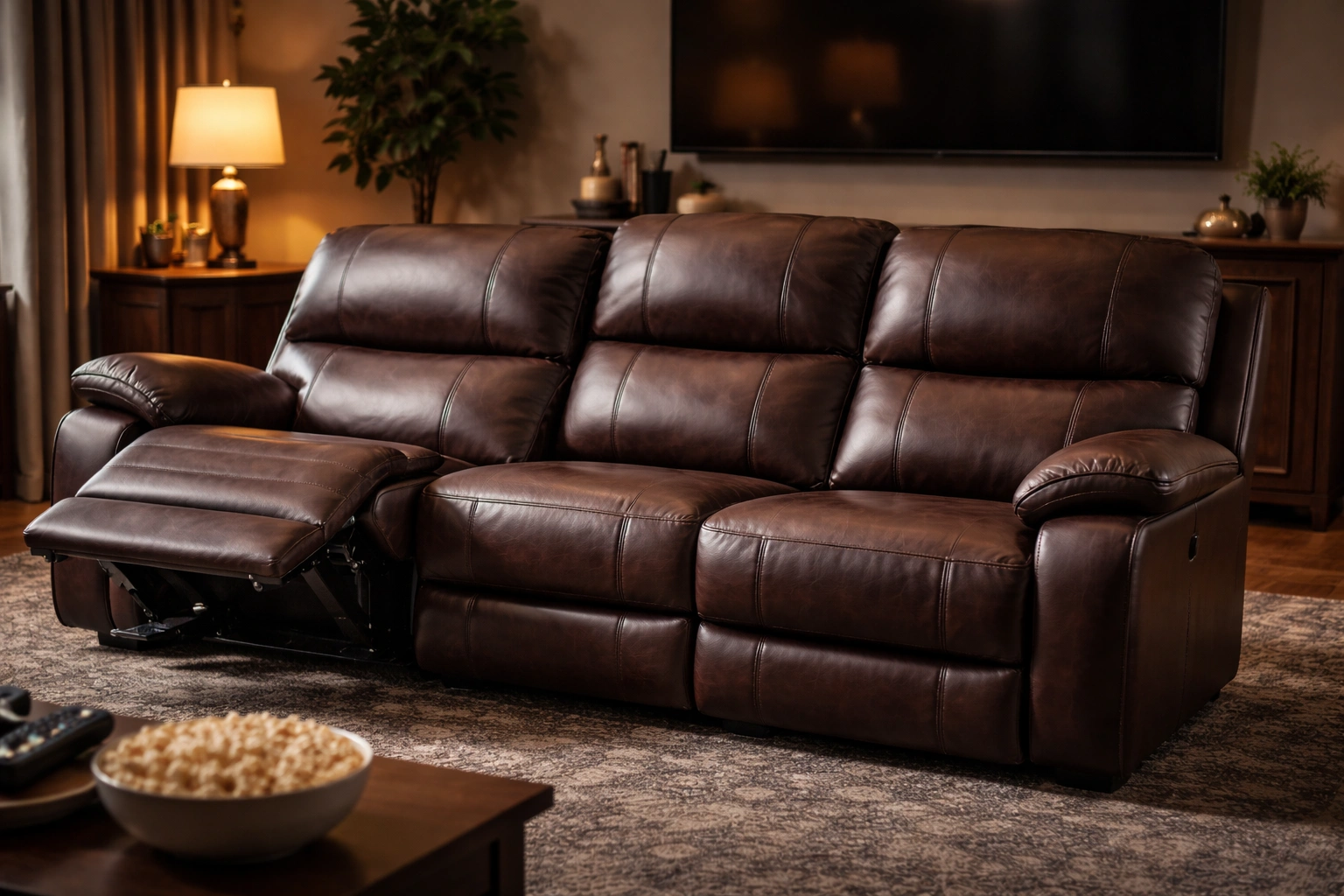 Recliner sofa with extended footrest and tilted backrest
