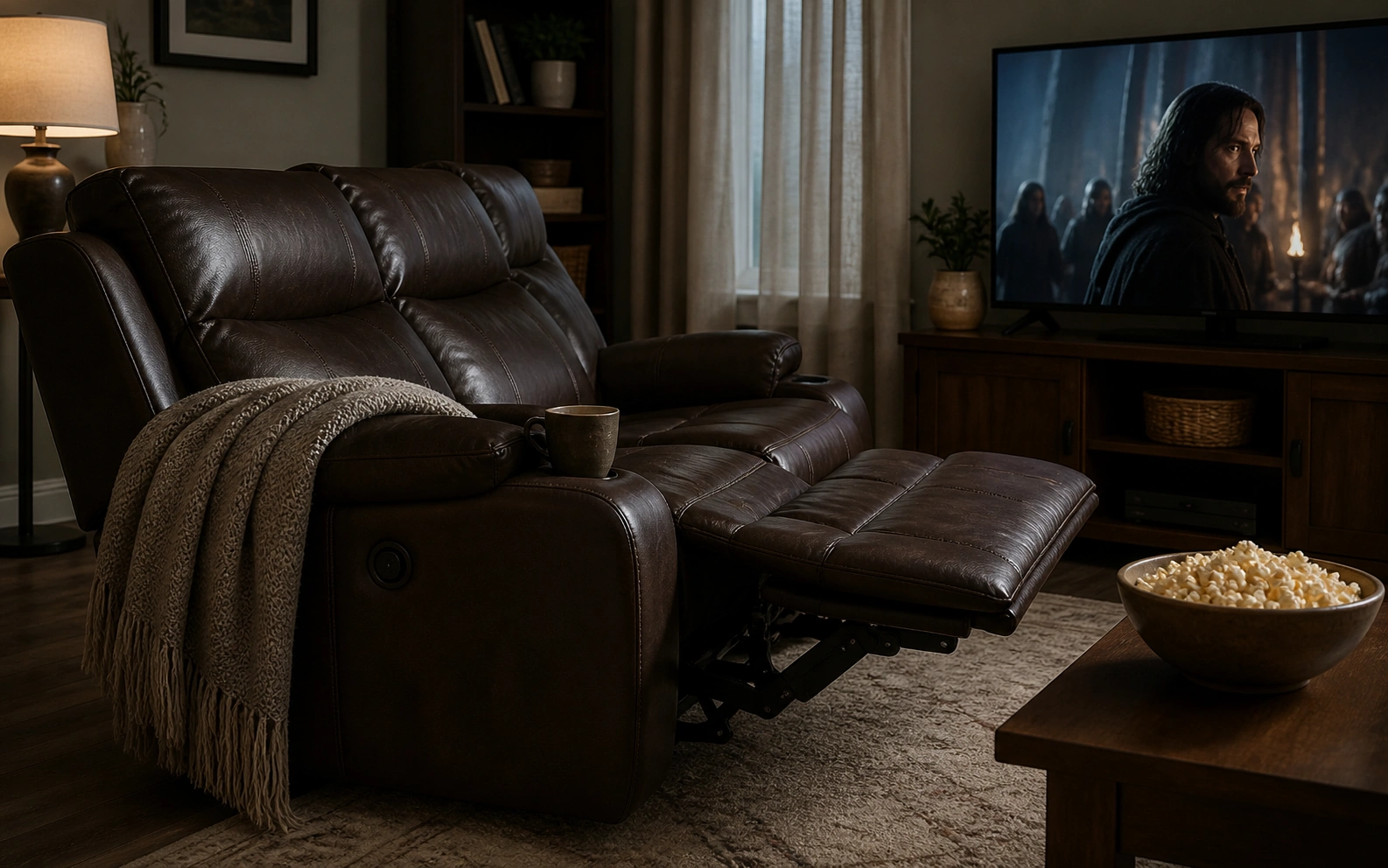 Reclining sofa with extended footrest for comfortable movie watching