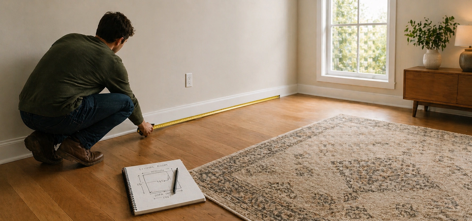 Person measuring sofa dimensions in a living room with tape measure