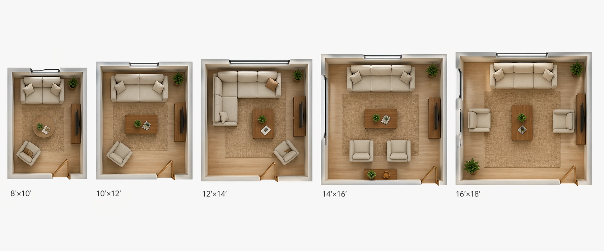 Visual diagram showing different sofa sizes matched to room dimensions