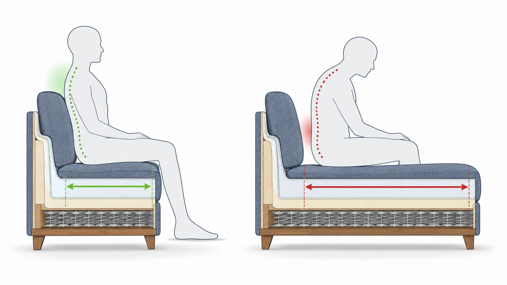 Comparison of correct and incorrect seat depth for back pain relief