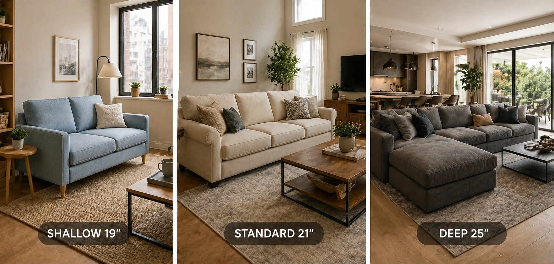 Different sofa seat depths shown in various room settings from living room to apartment