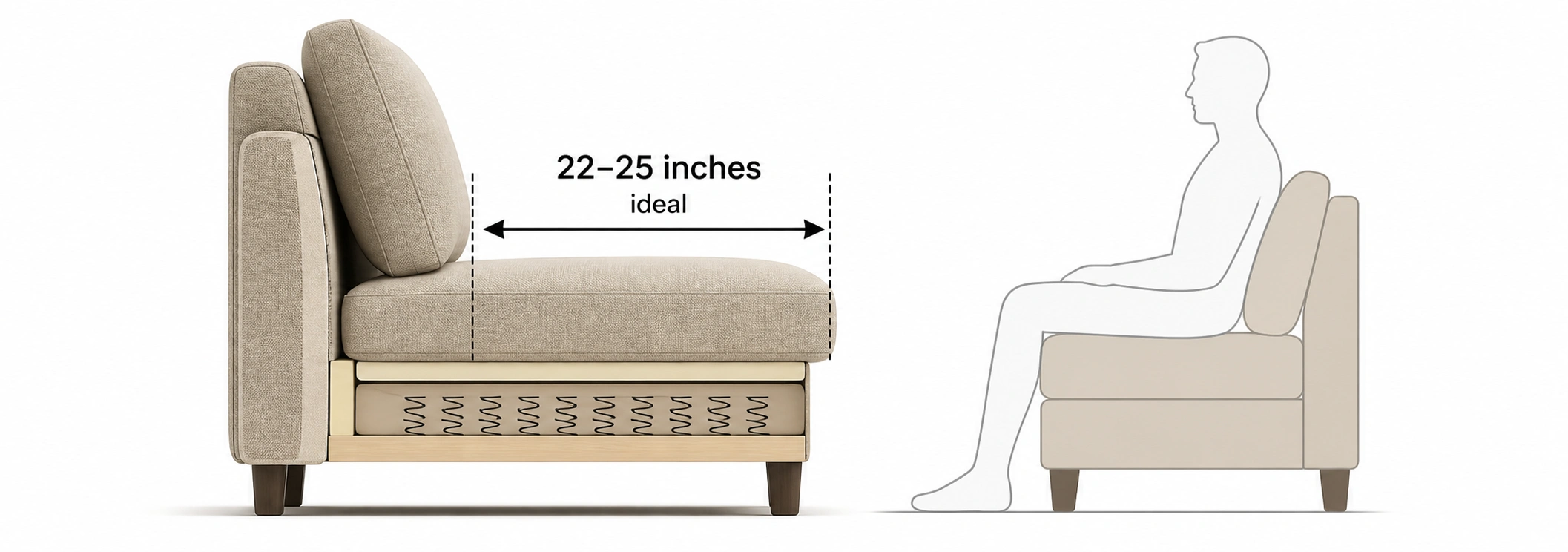Diagram showing ideal sofa seat depth measurement of 22 to 25 inches for movie watching comfort