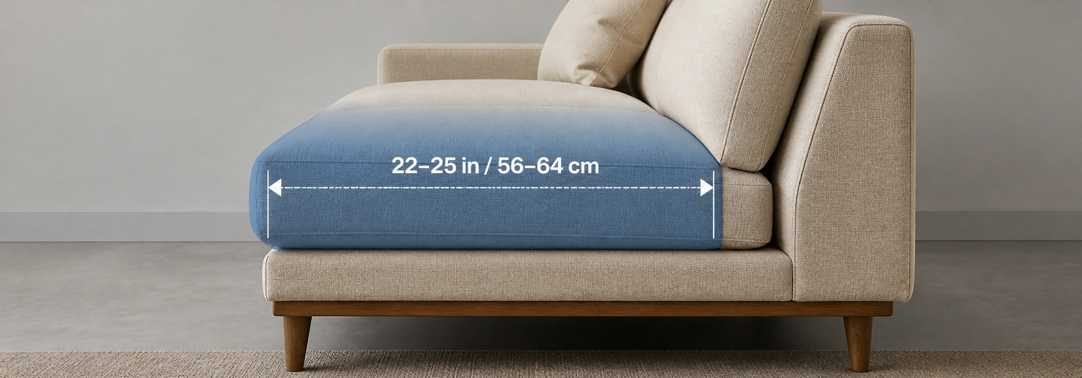Diagram showing proper seat depth measurement for napping comfort on a sofa