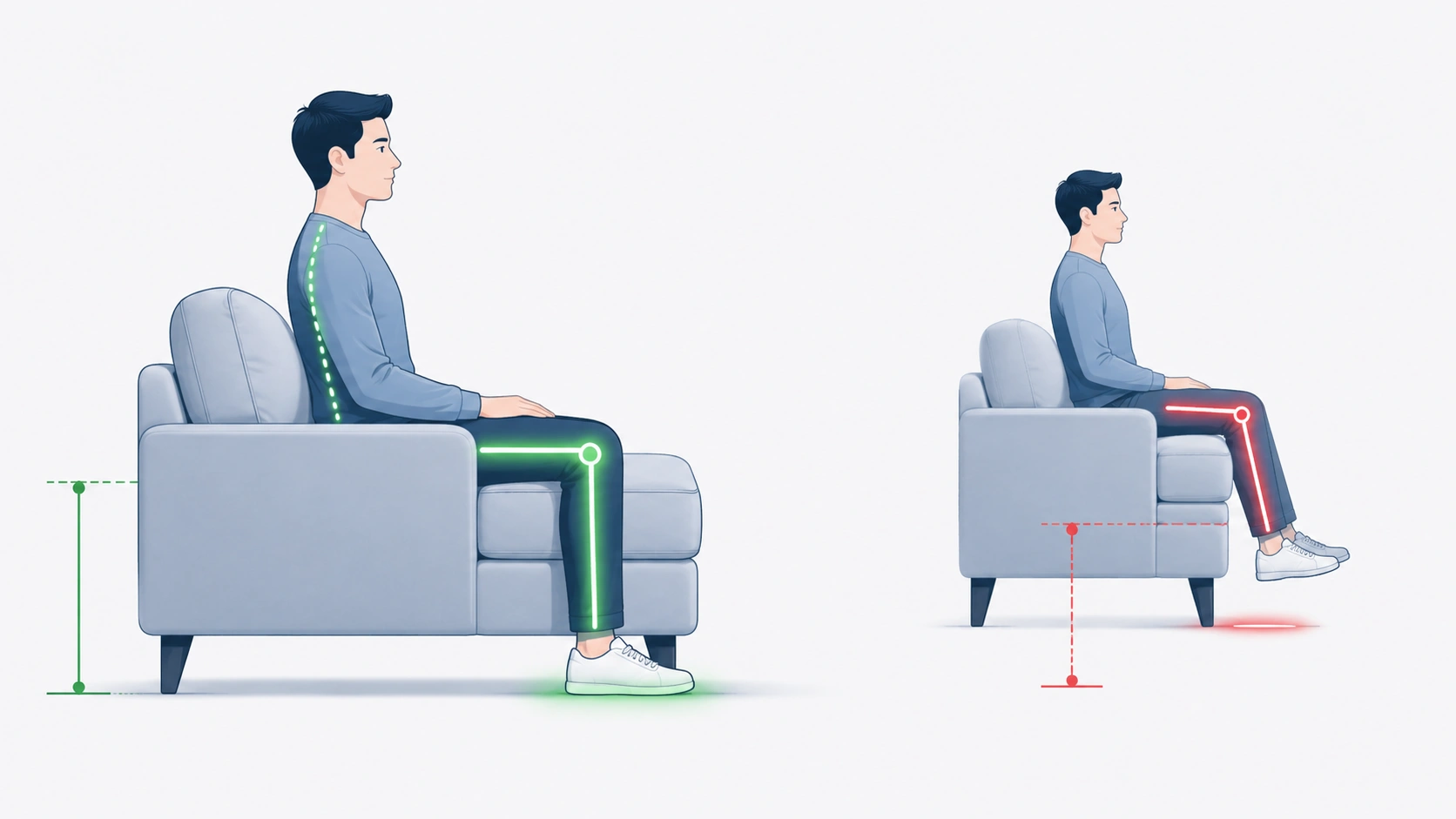 Diagram showing correct sofa seat height with 90-degree knee angle and flat feet
