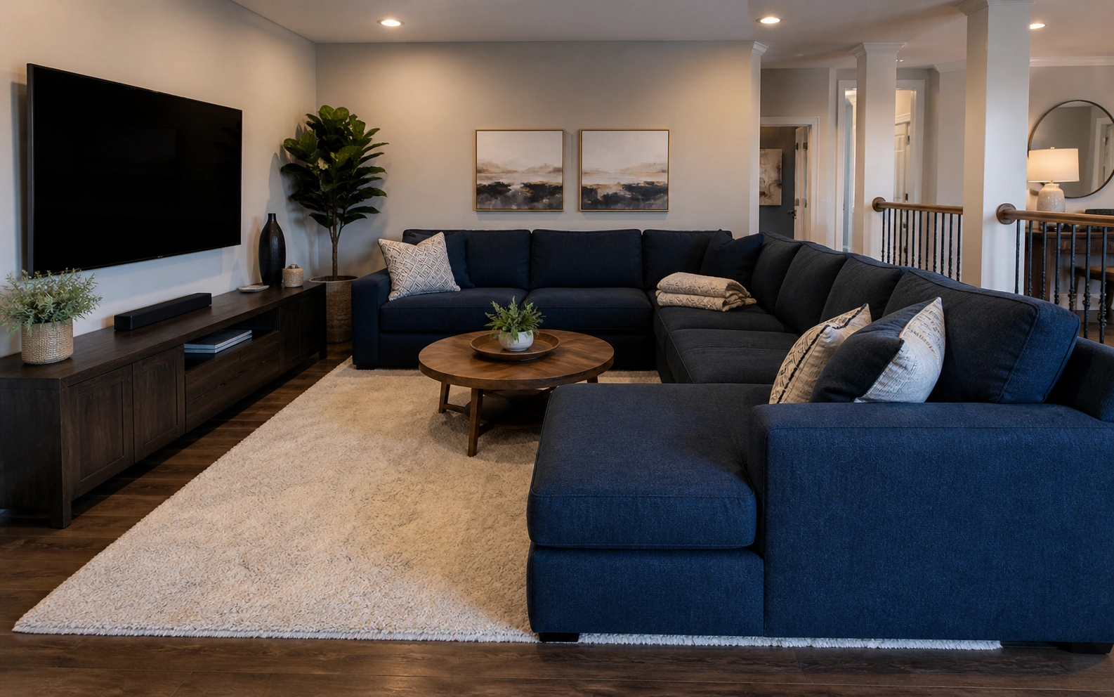 Large sectional sofa with chaise lounge extension in home theater room
