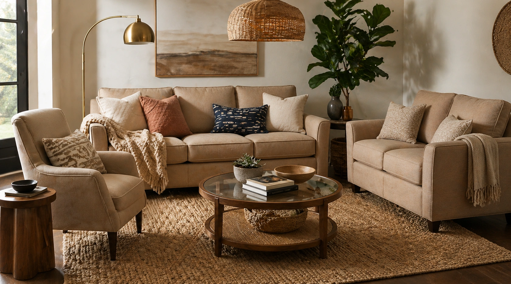 Well-styled sofa set with throw pillows, rug, and lighting