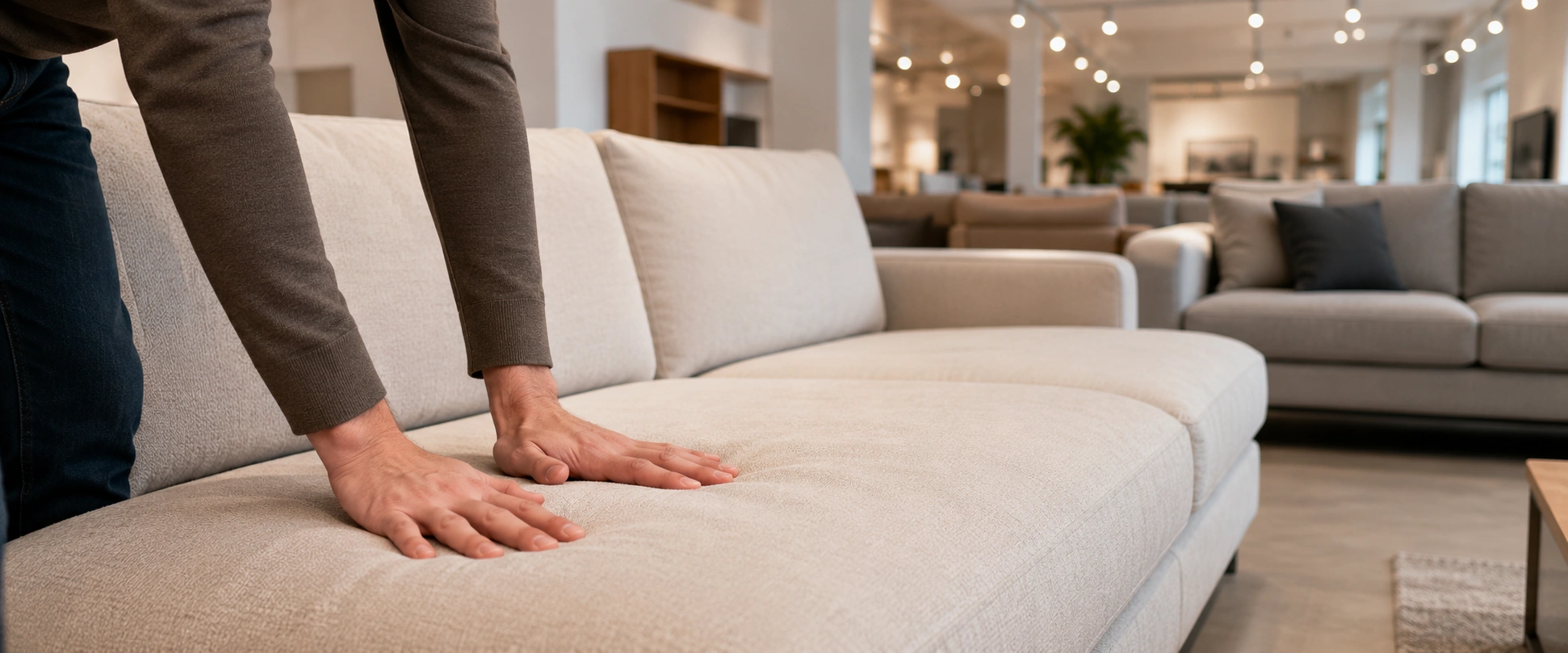 Person testing a sofa in a furniture showroom making a purchase decision
