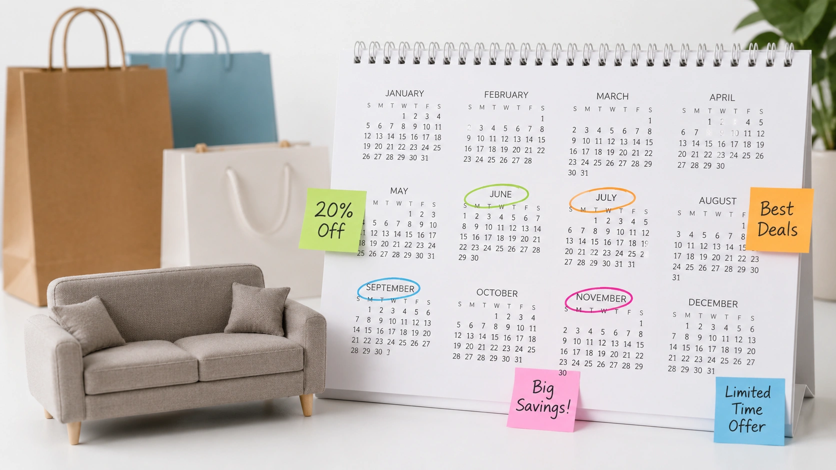 Calendar showing best months and holidays for buying sofas at discounted prices