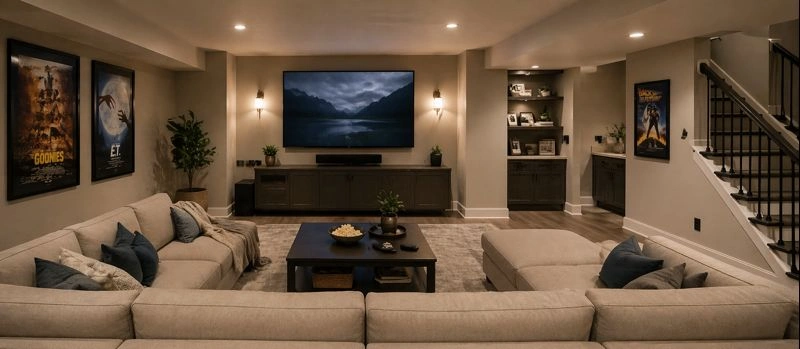 Sectional sofa in a basement rec room