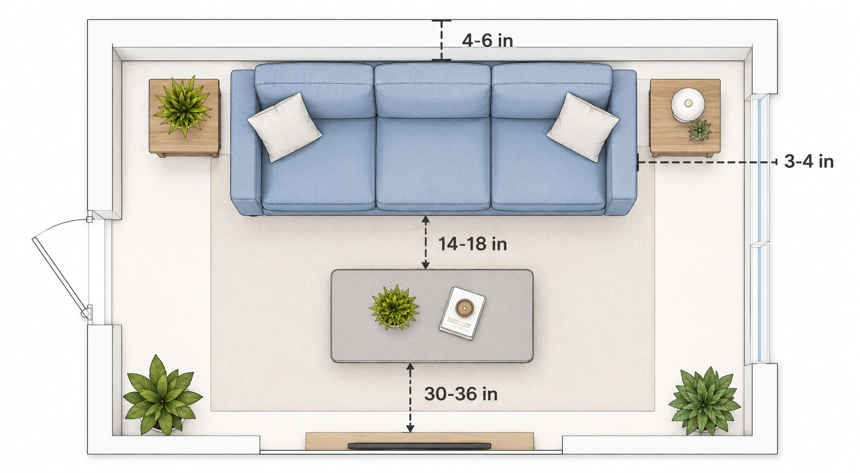 Diagram showing proper clearance distances around a sofa in a living room layout