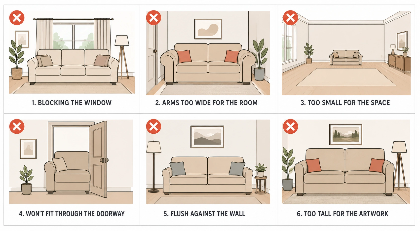 Illustration of common sofa sizing mistakes including blocked walkways and unbalanced proportions