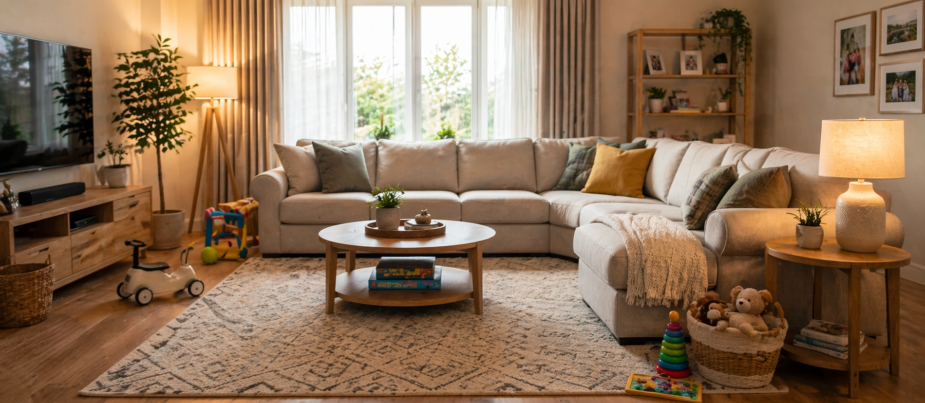 Durable large sofa in a family room