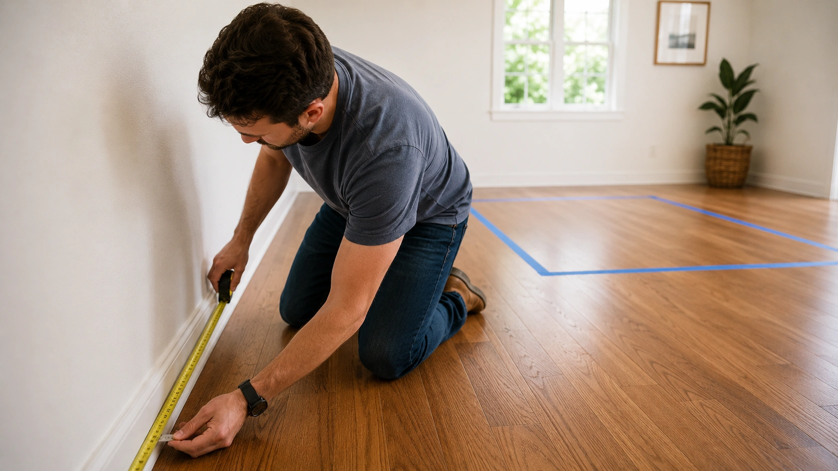 Person measuring living room floor with tape measure for sofa placement