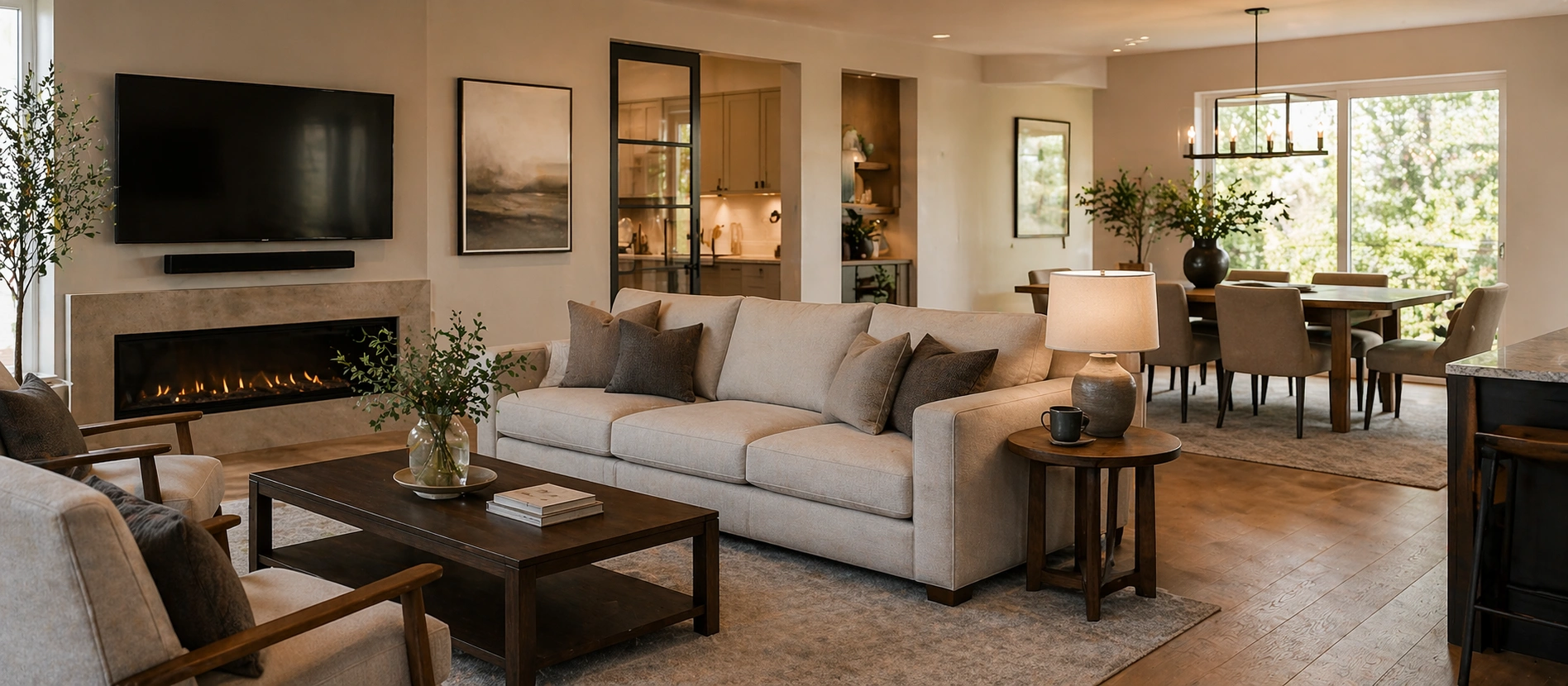Sofa dividing an open plan living and dining area