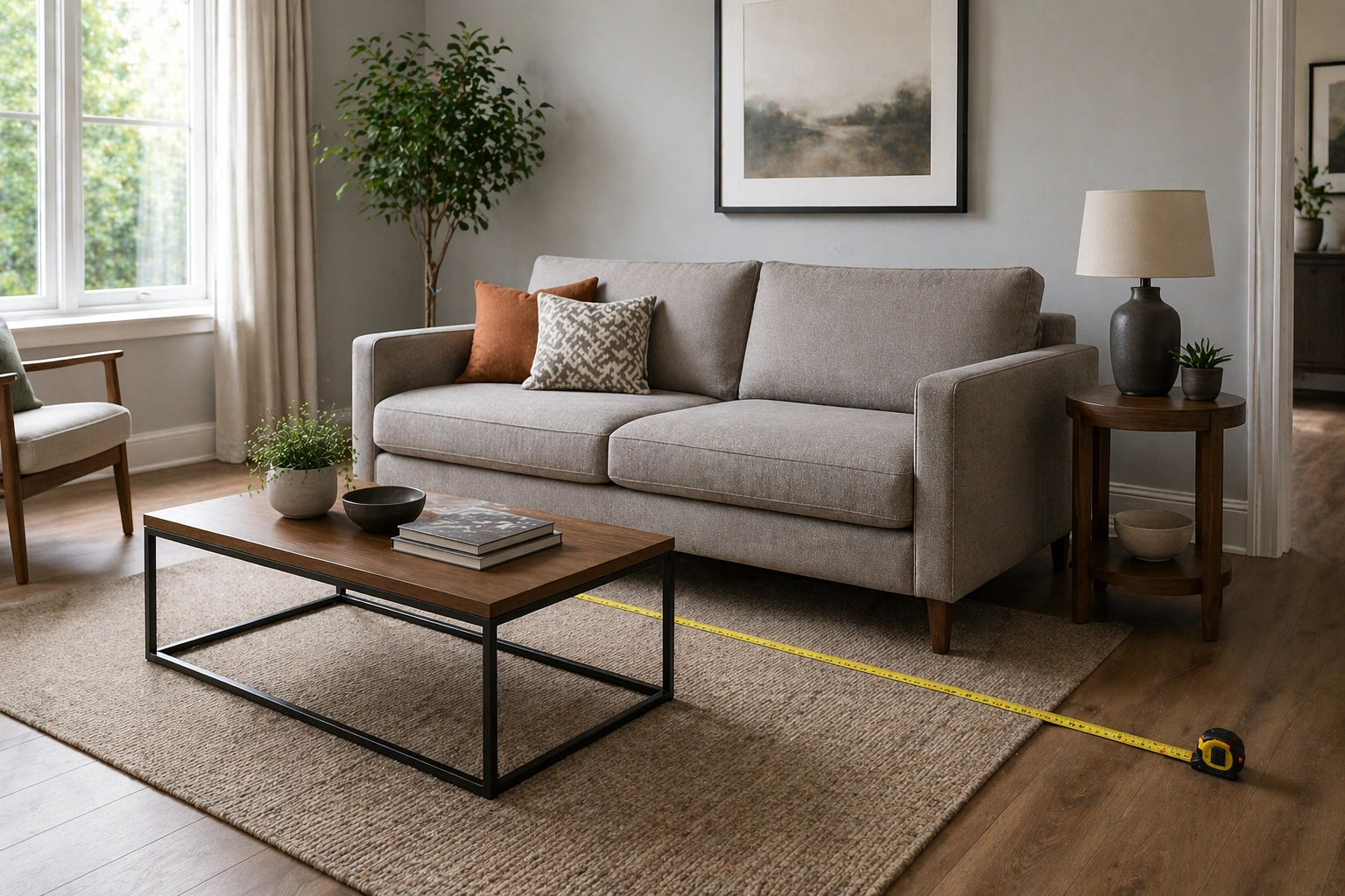 Well-proportioned sofa in a measured living room setting