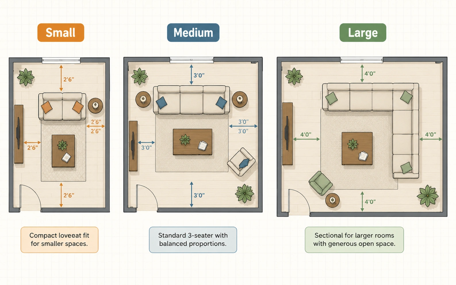 Visual comparison of sofa sizes in small, medium, and large living room floor plans