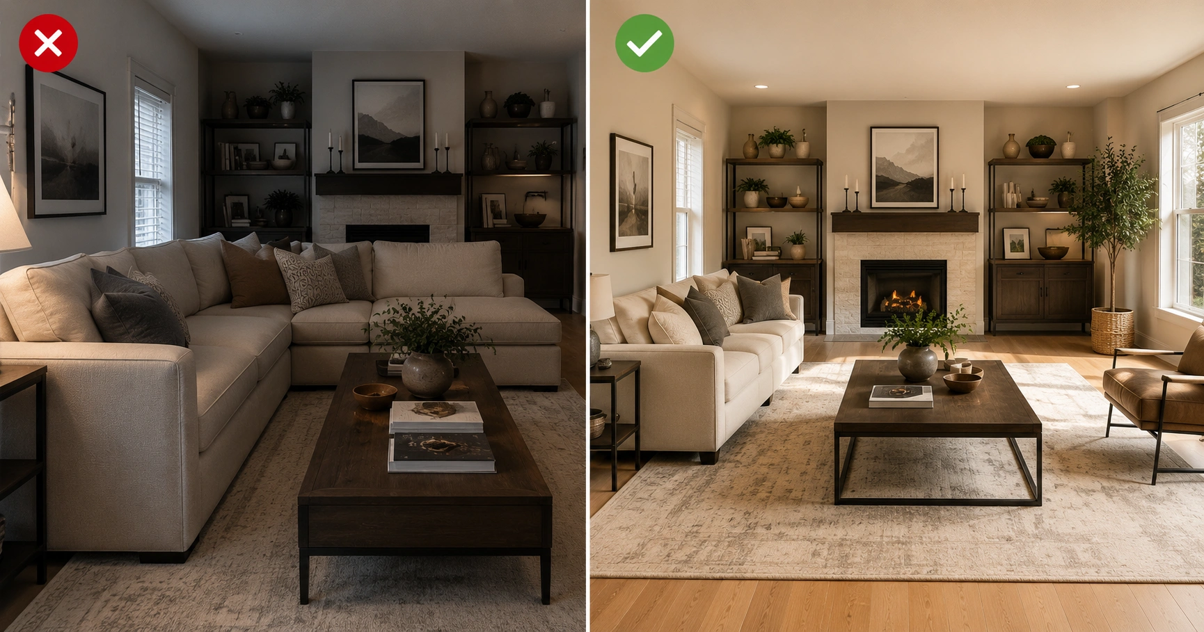 Comparison of wrong sofa size versus correctly sized sofa in a living room