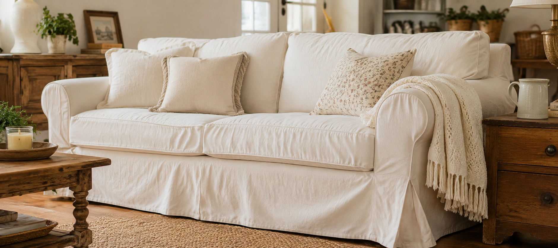 Loose style sofa slipcover draped over a traditional couch