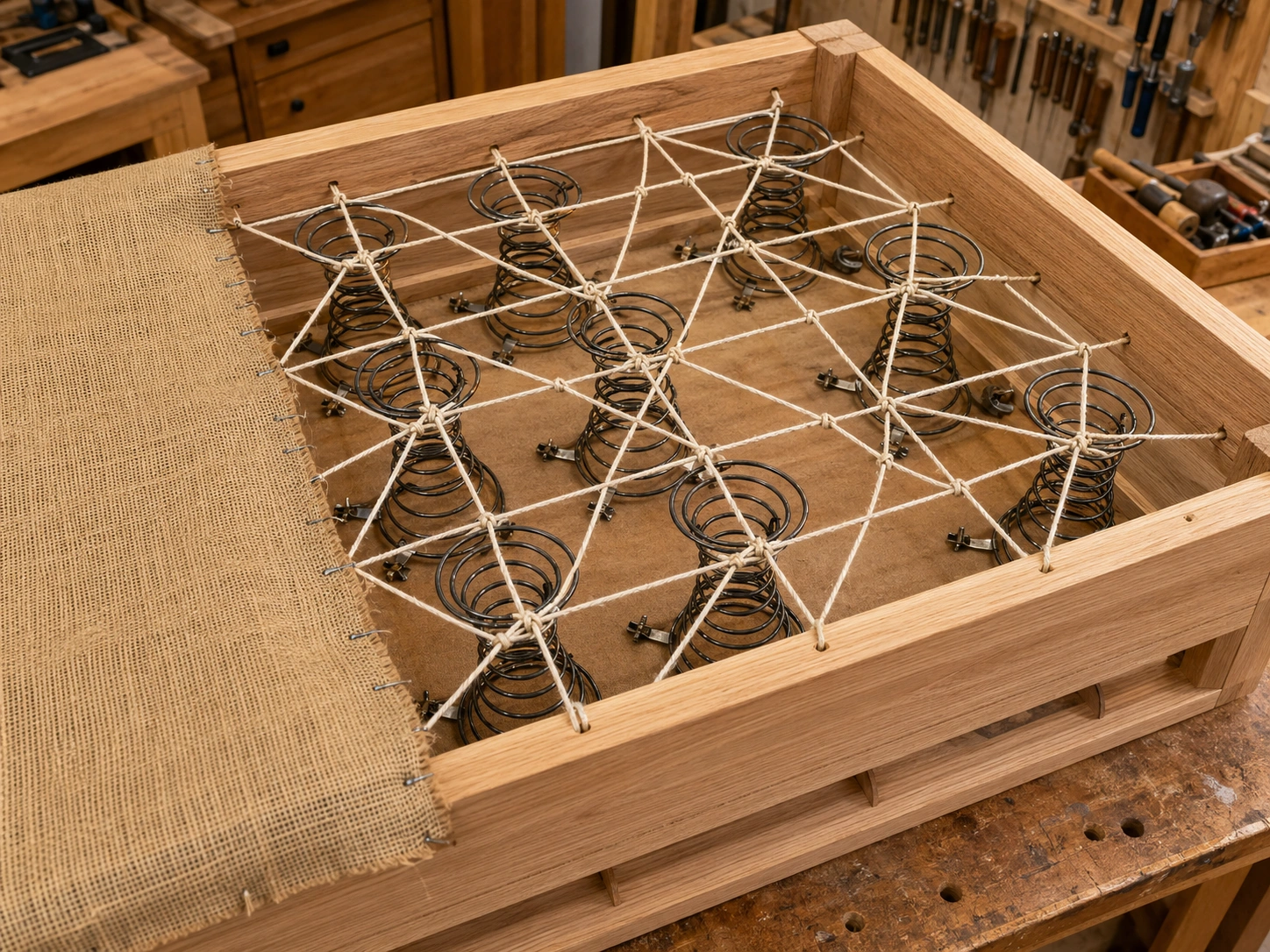 Interior construction of a sofa showing spring system and frame