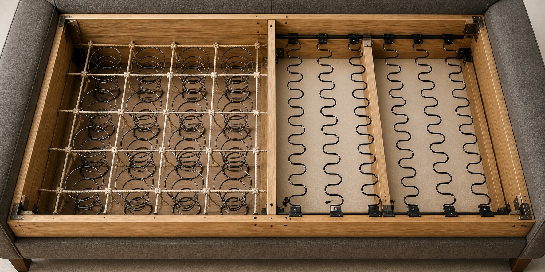 Interior view of sofa spring systems comparing eight-way hand-tied springs with sinuous wire springs