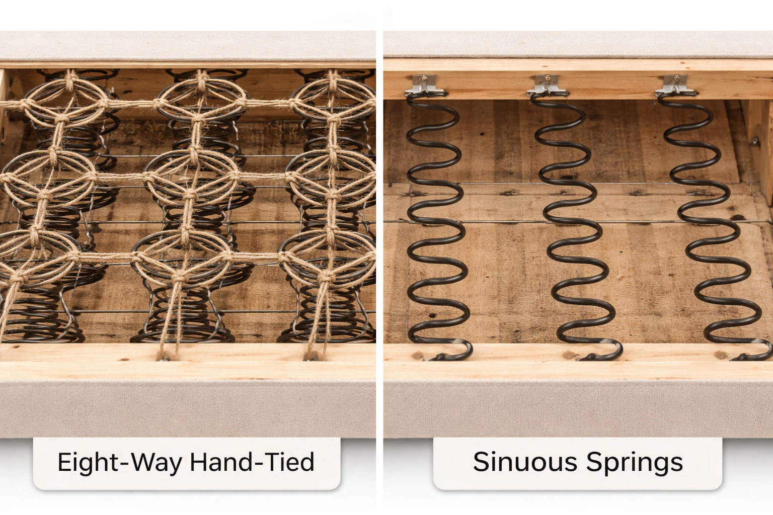 Sofa suspension spring system comparison showing eight-way tied and sinuous springs