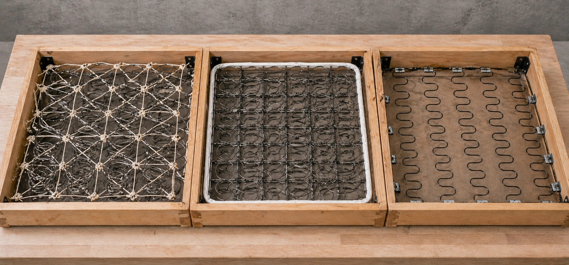 Interior view of sofa spring systems showing eight-way hand-tied, drop-in coil, and sinuous wire suspensions