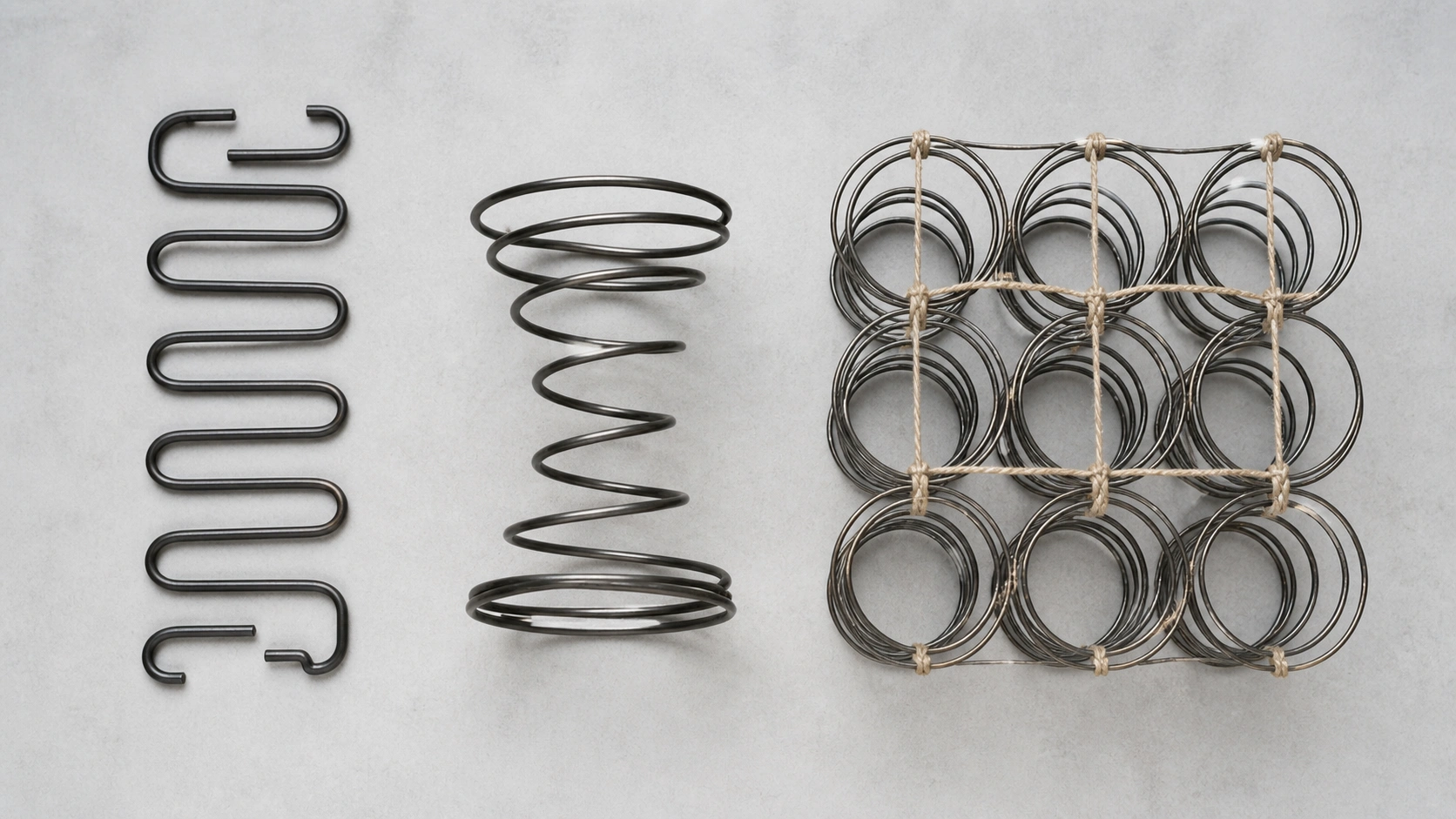 Comparison of different sofa spring types including zigzag, coil, and eight-way hand-tied