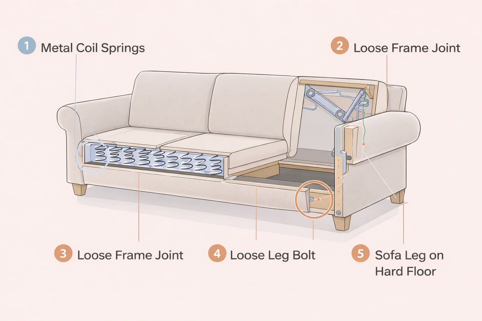 Diagram showing the main causes of sofa squeaking noise including springs frame joints legs and recliner mechanisms