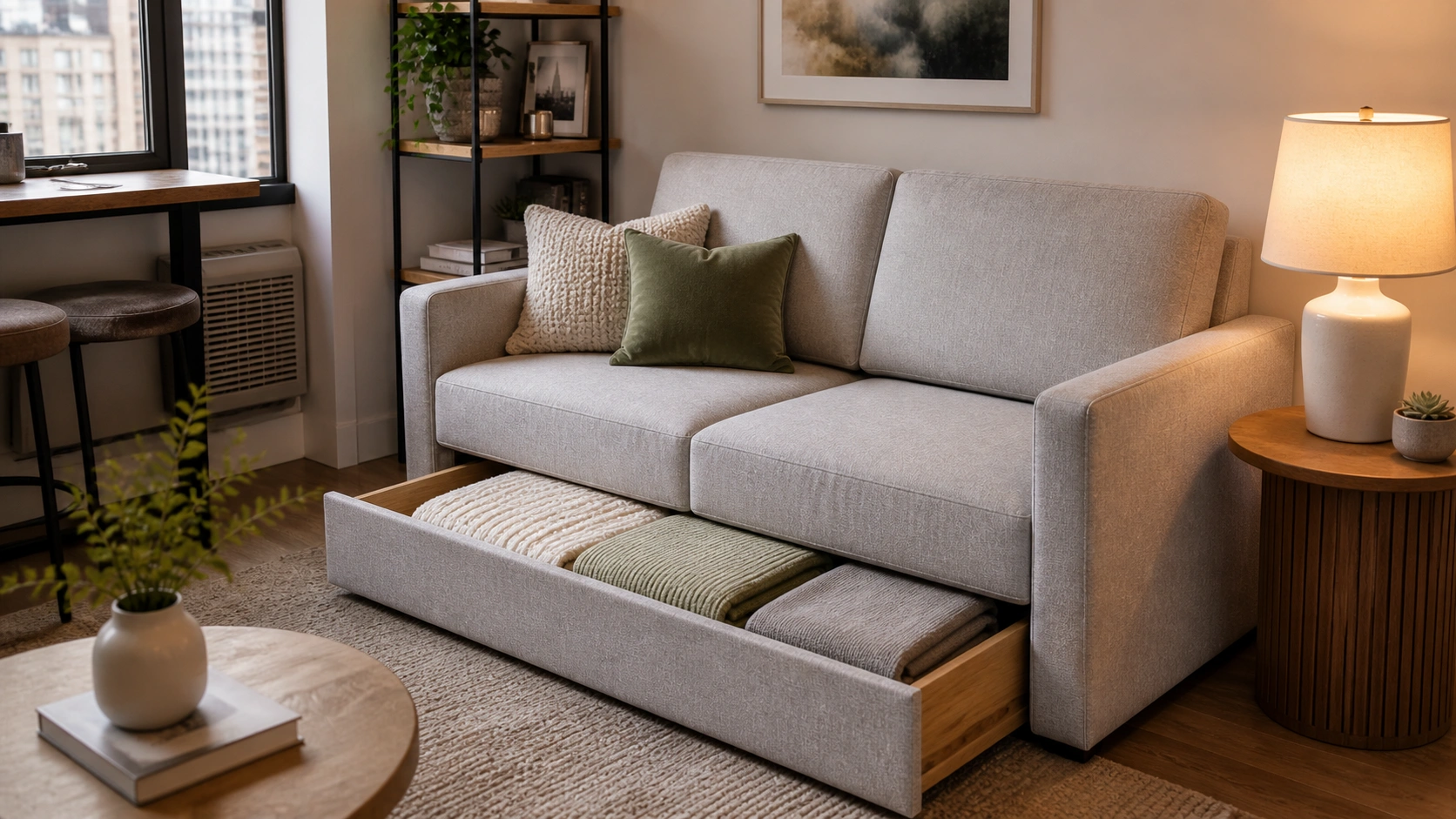 Sofa with built-in storage drawers in a small apartment living room