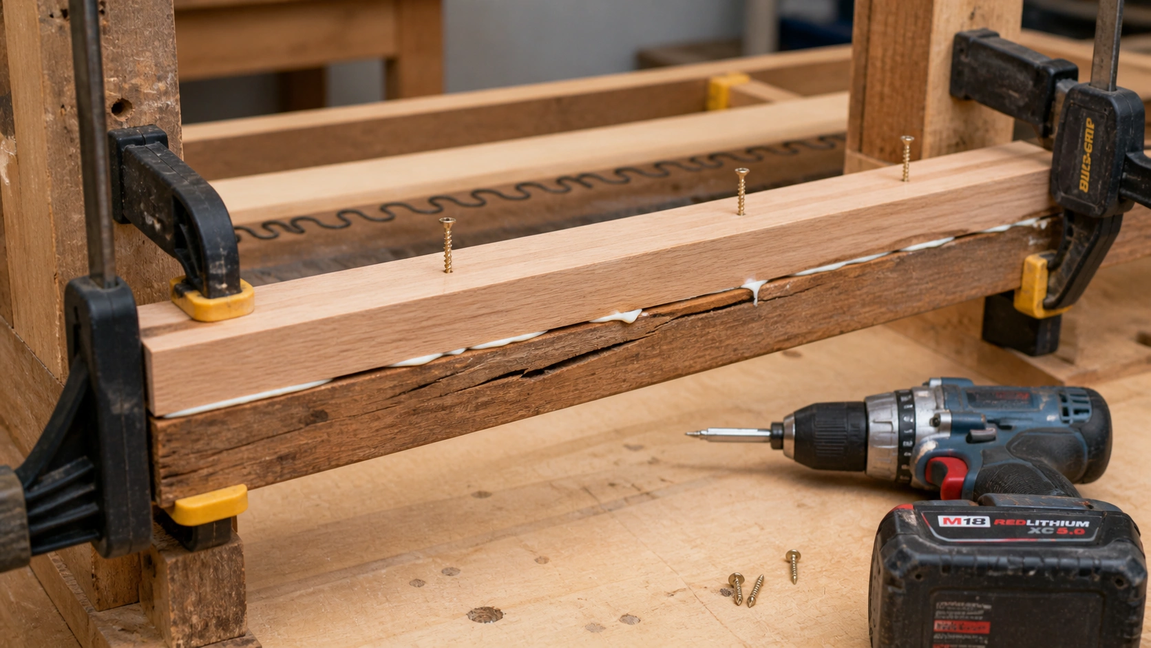 Broken sofa front support rail being reinforced with a sister rail and wood glue for structural repair