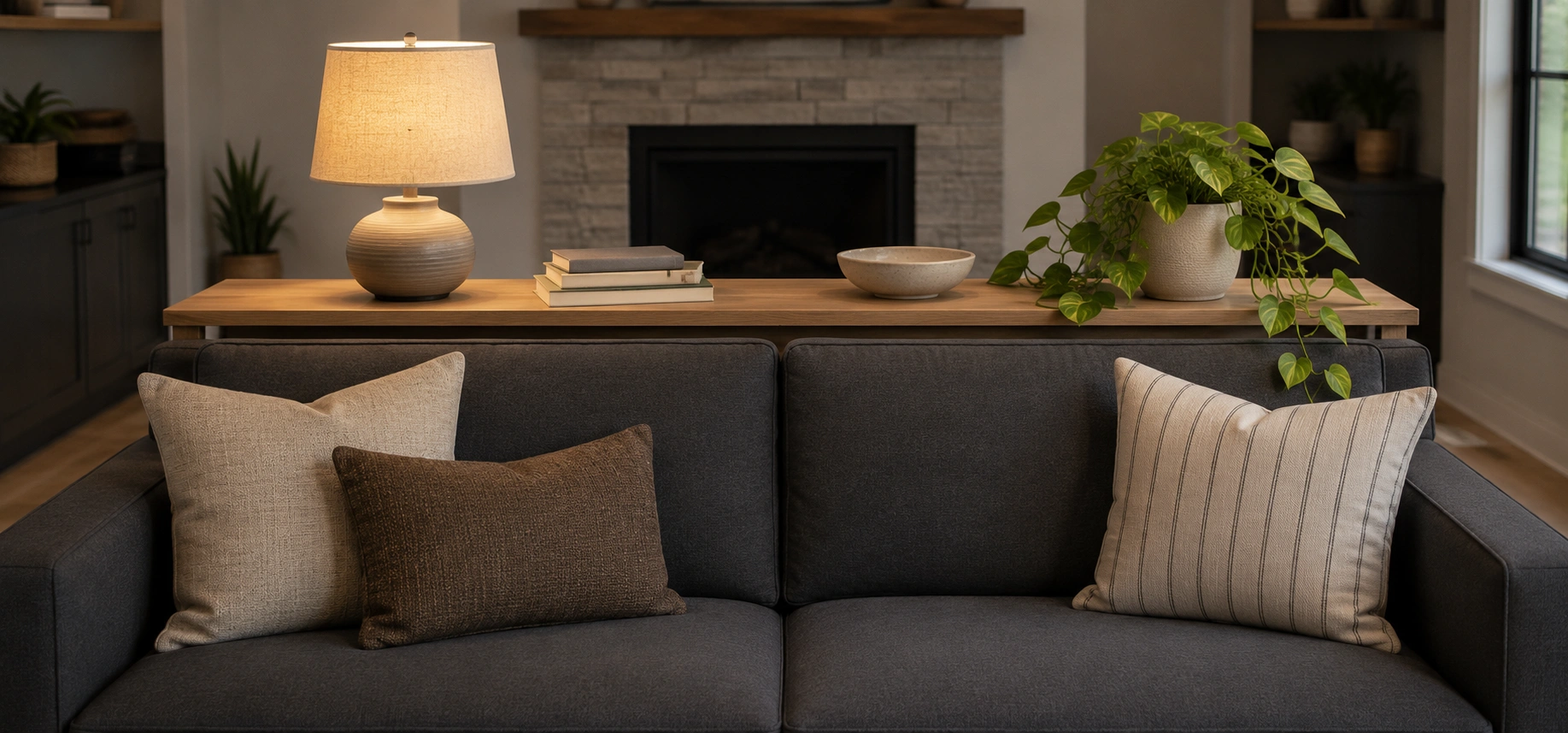 Narrow console table behind a sofa holding lamps, books and decorative items in a living room